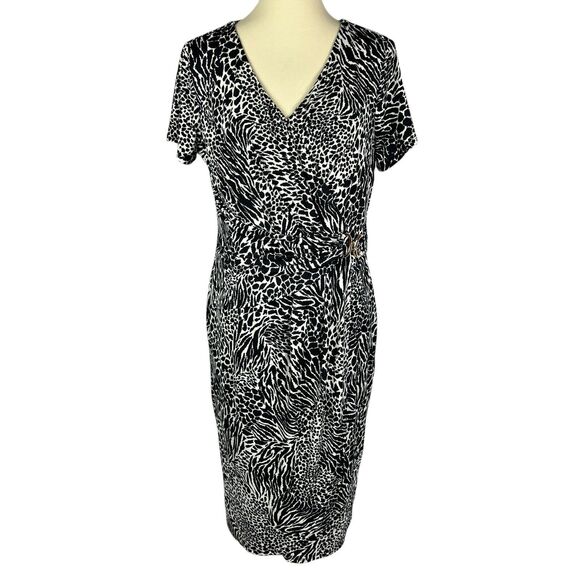 Thalia Sodi Black White Animal Print Faux Wrap Short Sleeve Sheath Dress Large - Picture 1 of 12